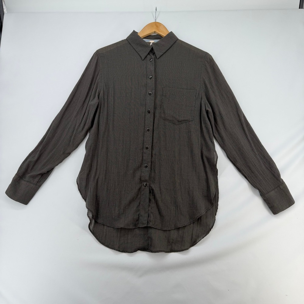 Free People Charcoal Gray Textured Gauze Button Down Shirt Women Small 2325